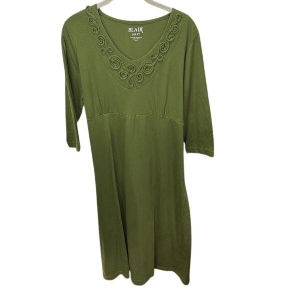 Blair Green Dress, Knit, Casual, Rosette‎ Neckline, Tie Back, L Petite